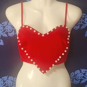 Shein valentines day heart faux pearl crop top adjustable strap tank top